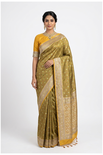 Olive Green Pure Silk Banarasi Wedding & Party Wear Saree