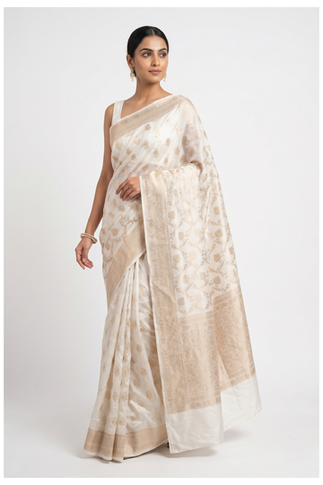 Ivory Banarasi Silk Saree With Jaal Weaving