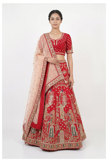Red Heritage Embroidered Lehenga Choli With Net Dupatta