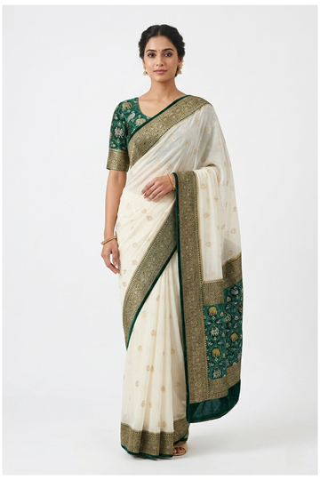 Ivory Banarasi Dola Silk Wedding Party Saree