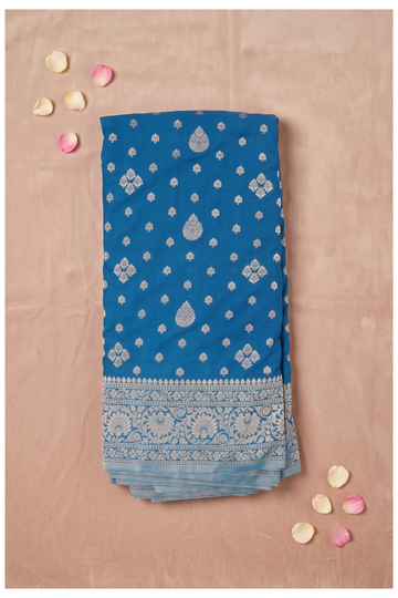 Royal Blue Banarasi Georgette Saree With Silver Zari Woven Butas