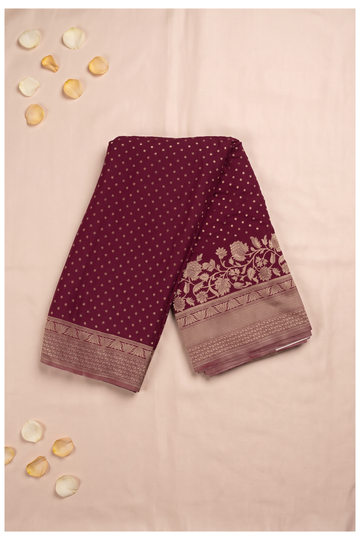 Elegant Wine Banarasi Georgette Saree With Golden Zari Butis And Floral Border