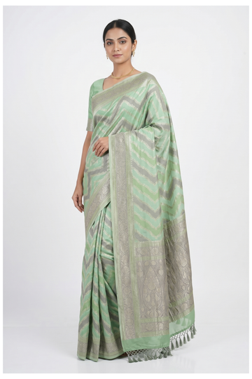 Sage Green Banarasi Silk Saree With  Jaal Weaving