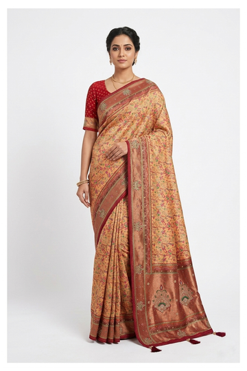 Apricot Banarasi Pure Tissue Silk Wedding Saree