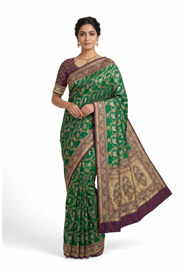 Trending Bottle Green Banarasi Silk Saree With Weaving