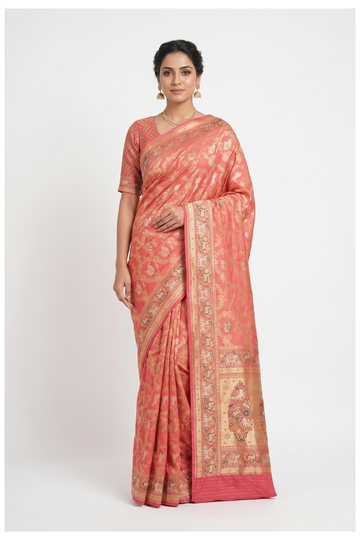 Glossy Coral Banarasi Silk Saree With Weaving