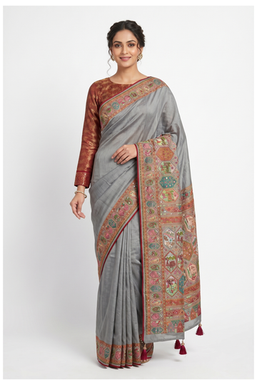Silver Grey Banarasi Art Silk Saree For Weddings & Parties