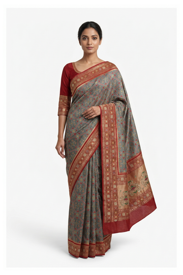 Slate Grey Patola Saree With Jaal Weaving
