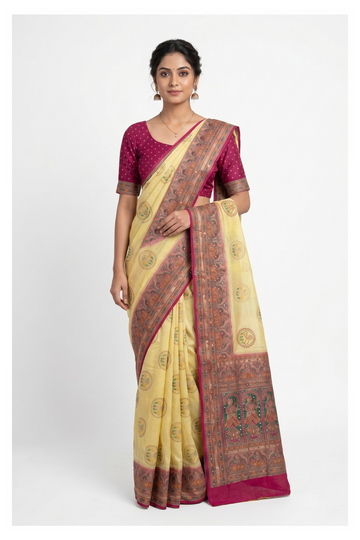 Pale Yellow Banarasi Art Silk Wedding Partywear Saree