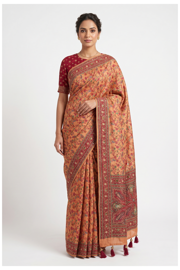 Peach Orange Banarasi Art Silk Wedding Partywear Saree