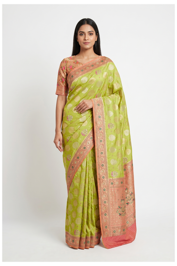 Trending Pistachio Green Banarasi Silk Saree With Weaving