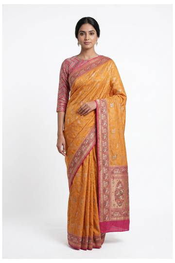 Mustard Banarasi Crepe  Silk Saree With Weaving