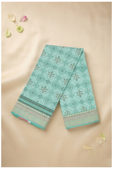 Aqua Green Printed Cotton Party Wear Saree