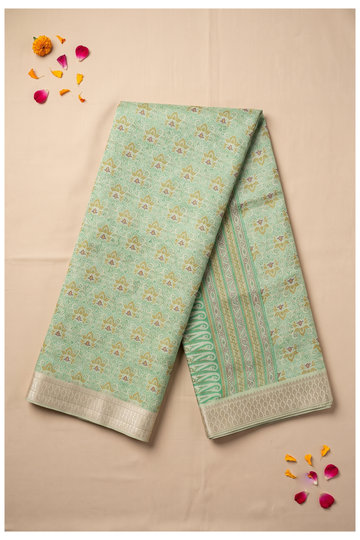 Mint Green Printed Cotton Saree For Wedding & Party Wear