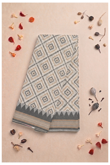 Ecru Cotton Wedding Party Wear Saree With Geometric Weaving