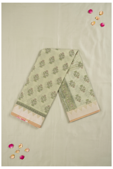 Pale Sage Green Printed Cotton Saree For Wedding & Party Wear