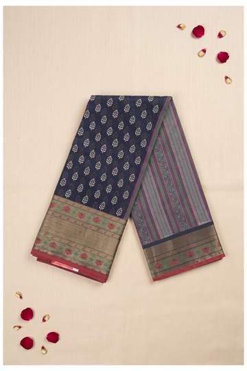 Navy Blue Printed Cotton Wedding Saree