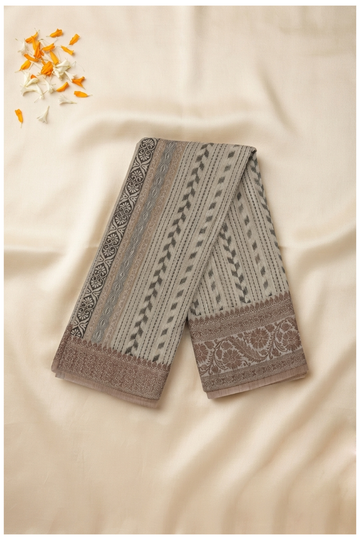 Greige Printed Cotton Saree For Wedding & Party Wear