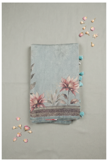 Pale Teal Printed Cotton Wedding And Party Wear Saree