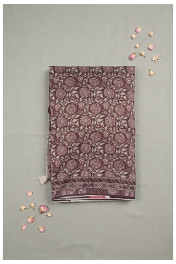 Deep Wine Printed Cotton Saree For Wedding & Party Wear