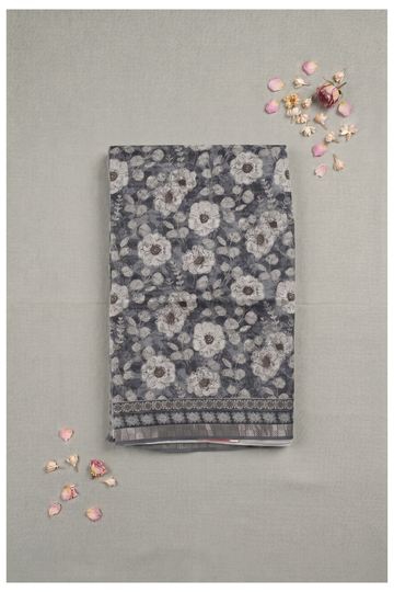 Charcoal Grey Printed Cotton Party Wear Saree