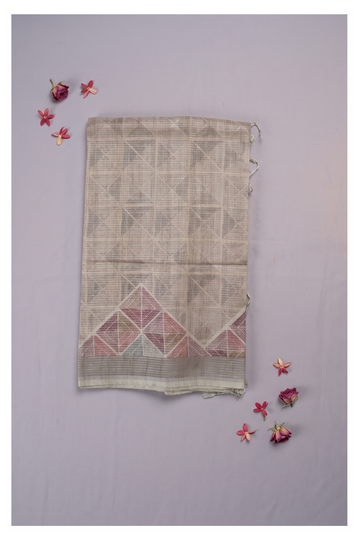 Greige Printed Cotton Party Wear Saree