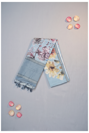 Sky Blue Cotton Party Wear Saree With Floral Prints
