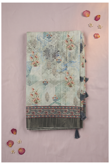 Seafoam Green Printed Cotton Party Wear Saree