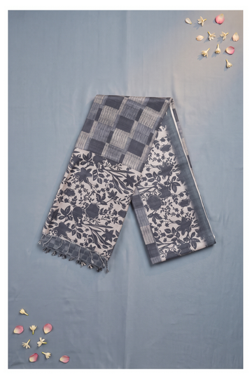 Slate Blue Printed Cotton Saree For Parties And Weddings
