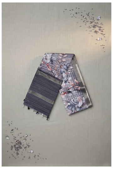 Slate Grey Cotton Printed Wedding & Party Wear Saree