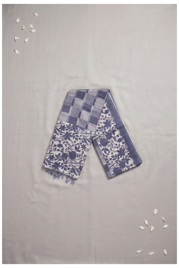 Dusty Blue Printed Cotton Party Wear Saree