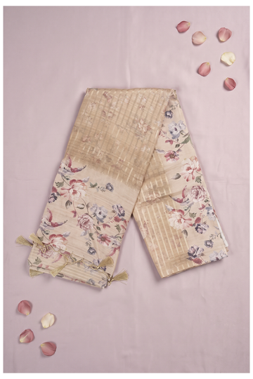 Champagne Floral Print Cotton Wedding & Party Wear Saree