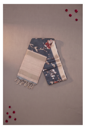 Storm Grey Floral Printed Cotton Party Wear Saree