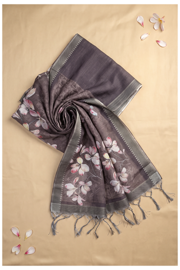 Taupe Printed Cotton Party Wear Saree
