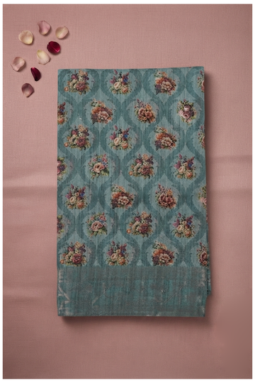 Muted Teal Printed Cotton Party Wear Saree