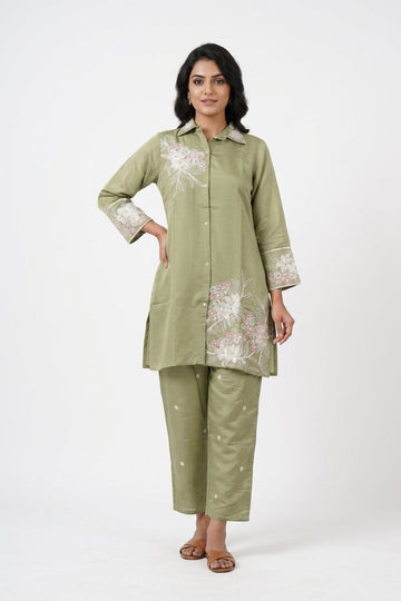 Sage Green Floral Embroidered Co-Ord Kurta Pant Set