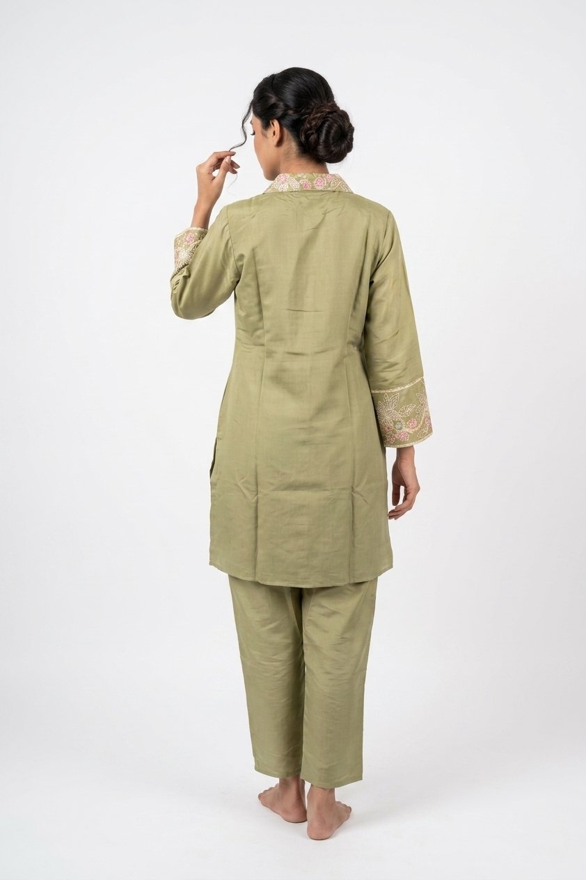 Sage Green Floral Embroidered Co-Ord Kurta Pant Set