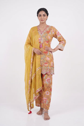 Sunshine Yellow Floral Printed Kurta Palazzo Set With Dupatta