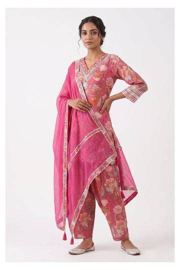 Rani Pink Floral Printed Festive Suit Set With Dupatta
