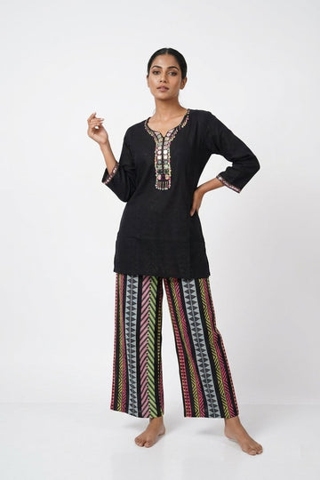 Black Embroidered Kurta With Multicolor Palazzo Co-Ord Set