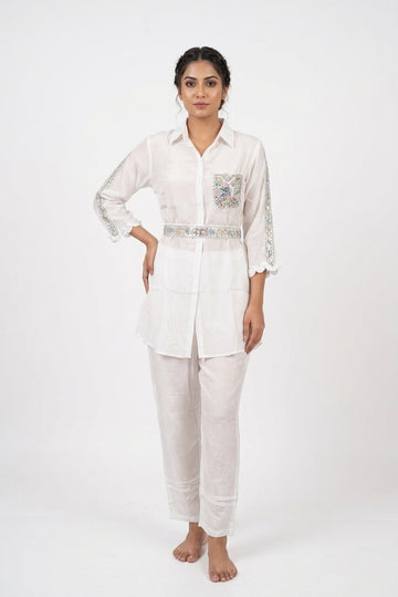 White Embellished Shirt Style Indo-Western Co-Ord Set