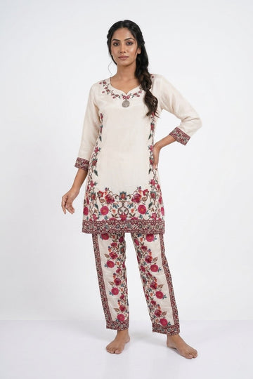 Ivory Floral Printed Ethnic Kurta Pant Co-Ord Set
