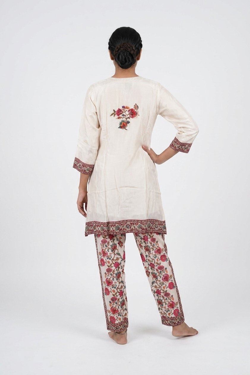 Ivory Floral Printed Ethnic Kurta Pant Co-Ord Set