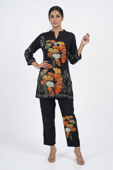 Black Floral Printed Indo-Western Kurta Pant Set