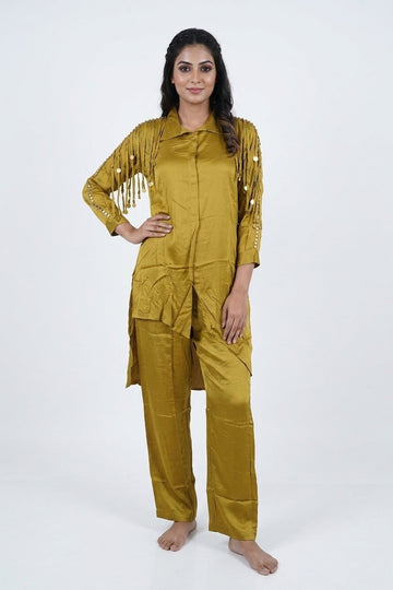 Mustard Satin Fringe Indo-Western Co-Ord Set