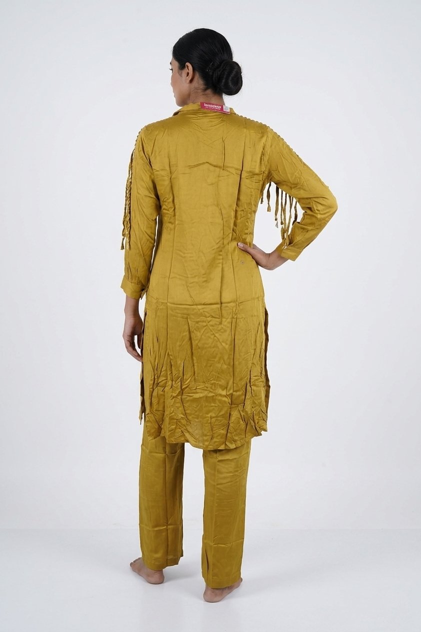Mustard Satin Fringe Indo-Western Co-Ord Set