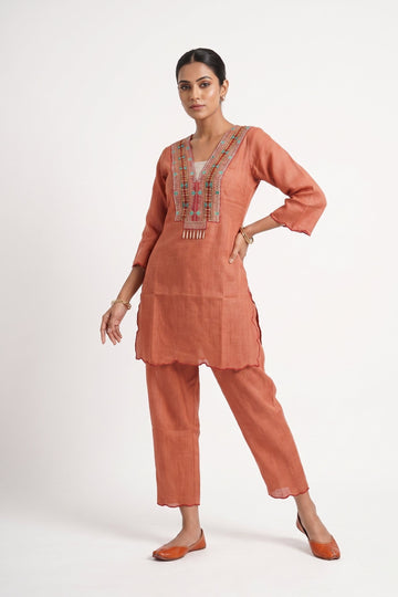 Rust Orange Embroidered Co-Ord Kurta Set