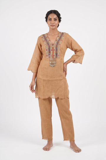 Honey Beige Embroidered Co-Ord Kurta Set