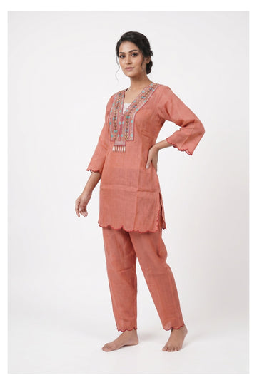 Peach Embroidered Co-Ord Kurta Pant Set