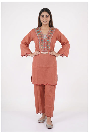 Peach Embroidered Kurta Pant Set